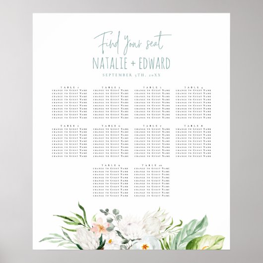Tropisch aquarel bloemstuk bruiloft zitplan poster (Voorkant)