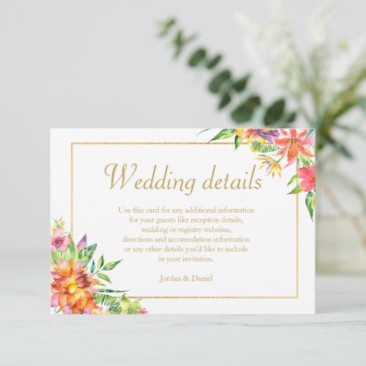 Tropisch aquarel goud  lijst Huwelijksdetails Informatiekaartje (Staand voorkant)