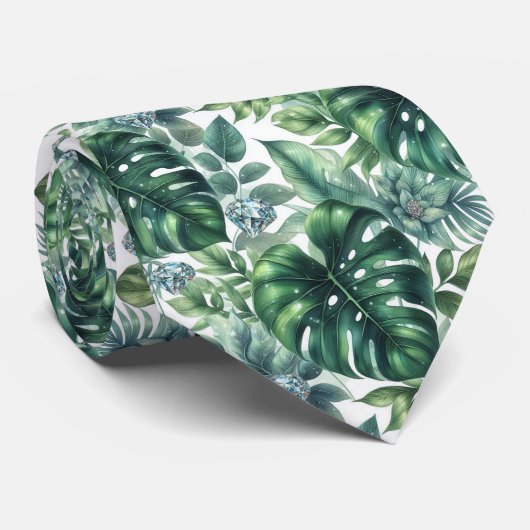 Tropisch aquarel groen blad met diamanten stropdas (Opgerold)