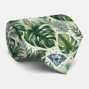 Tropisch aquarel groen blad met diamanten stropdas