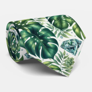 Tropisch aquarel groen blad met diamanten stropdas