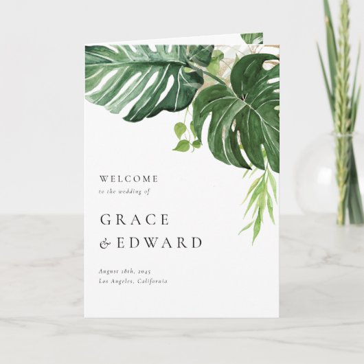 Tropisch Aquarel Monstera Blad Zomer Bruiloft Programma (Voorkant)