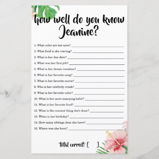 Tropisch Baby shower Hoe goed ken je mama? (Voorkant)