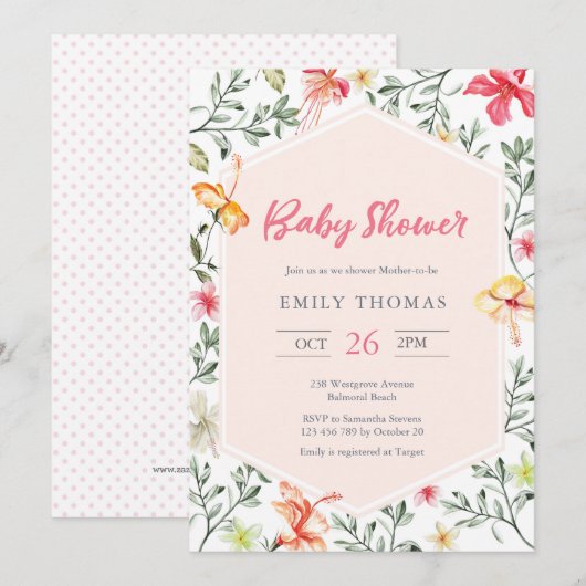 Tropisch Baby shower Invitation Girl Kaart (Voorkant / Achterkant)