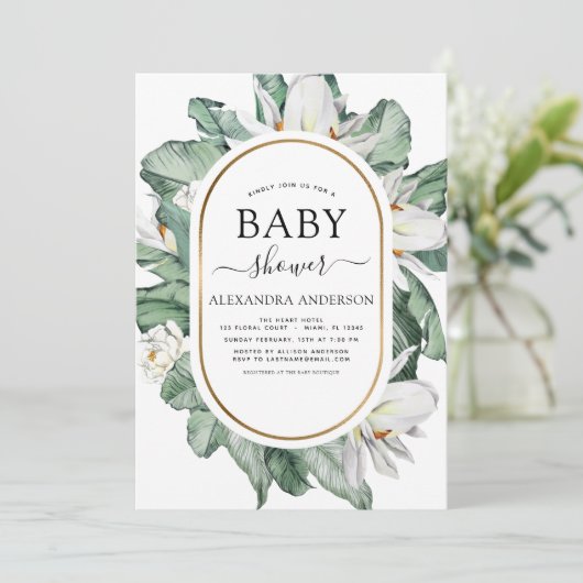 Tropisch Baby shower Magnolia Greenery Floral Invi Kaart (Staand voorkant)