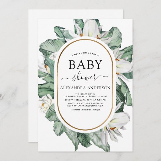 Tropisch Baby shower Magnolia Greenery Floral Invi Kaart (Voorkant / Achterkant)