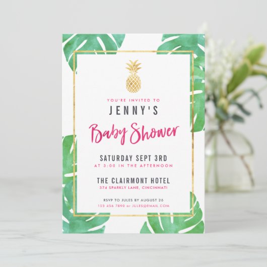 Tropisch Baby shower Roze en gouden anananas Kaart (Staand voorkant)