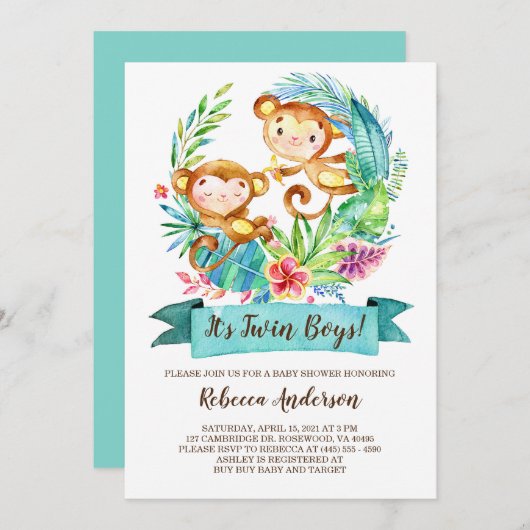 Tropisch Baby shower van apen met twee pennen Kaart (Voorkant / Achterkant)