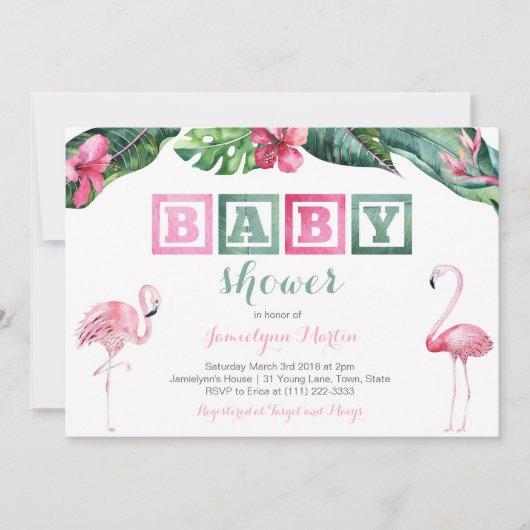 Tropisch Baby shower van Flamingo Invites, bladerd Kaart (Voorkant)