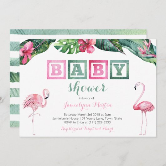 Tropisch Baby shower van Flamingo Invites, bladerd Kaart (Voorkant / Achterkant)