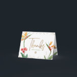 Tropisch Bat Mitzvah Floral Waterverf Gold Script Bedankkaart<br><div class="desc">Zorg ervoor dat je favoriete Bat Mitzvah haar waardering show aan iedereen die haar mijlpaalevenement heeft ondersteund! Stuur deze verfijnde, gepersonaliseerde bedankkaart! Stijlvolle, prachtige, kleurrijke, tropische waterverf paradijsbloemen, faux gouden handgeschreven schrift, davidster en glitter stippen, samen met lentegroen modern sans serif type, bedekken een witte achtergrond. Extra waterverf paradijsvogels en...</div>