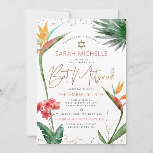 Tropisch Bat Mitzvah Floral Waterverf Gold Script Kaart (Voorkant)