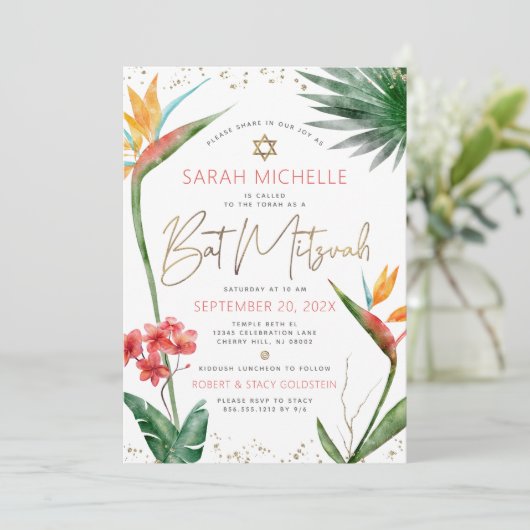 Tropisch Bat Mitzvah Floral Waterverf Gold Script Kaart (Staand voorkant)
