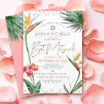Tropisch Bat Mitzvah Floral Waterverf Gold Script Kaart<br><div class="desc">Wees trots, blij en toon deze mijlpaal van je favoriete Bat Mitzvah met deze geavanceerde, persoonlijke uitnodiging! Stijlvolle, verbluffende, kleurrijke, tropische waterverf vogels van paradijse bloemen, faux goudhandgeschreven script, ster van David en glitter stippen, samen met donkerroze roos en grijs modern sans serif type, bedekken een witte achtergrond. Extra waterverf...</div>