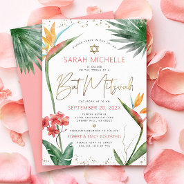Tropisch Bat Mitzvah Floral Waterverf Gold Script Kaart