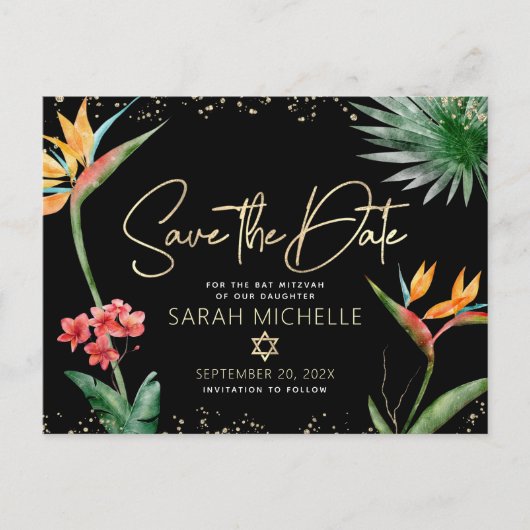 Tropisch BBT Mitzvah Save Date Black Gold Floral Uitnodiging Briefkaart (Voorkant)