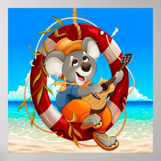 Tropisch-Beach Guitar die Koala speelt Poster (Voorkant)