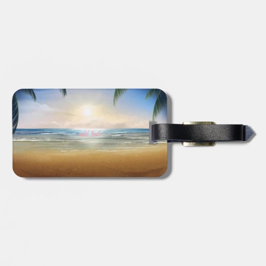Tropisch, Beach, Palm, Sunset, Plumeria Bagagelabel (Achterkant horizontaal)