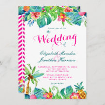 Tropisch berry roze Blauwgroen Floral Chevron Wedd