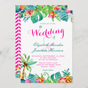 Tropisch berry roze Blauwgroen Floral Chevron Wedd Kaart