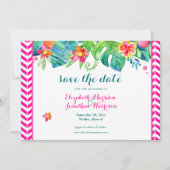 Tropisch berry roze Blauwgroen Floral Chevron Wedd Save The Date (Voorkant)