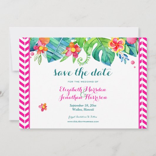 Tropisch berry roze Blauwgroen Floral Chevron Wedd Save The Date (Voorkant)