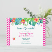 Tropisch berry roze Blauwgroen Floral Chevron Wedd Save The Date (Staand voorkant)