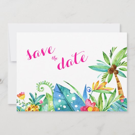Tropisch berry roze Blauwgroen Floral Chevron Wedd Save The Date (Achterkant)