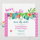 Tropisch berry roze Blauwgroen Floral Chevron Wedd Save The Date (Voorkant / Achterkant)