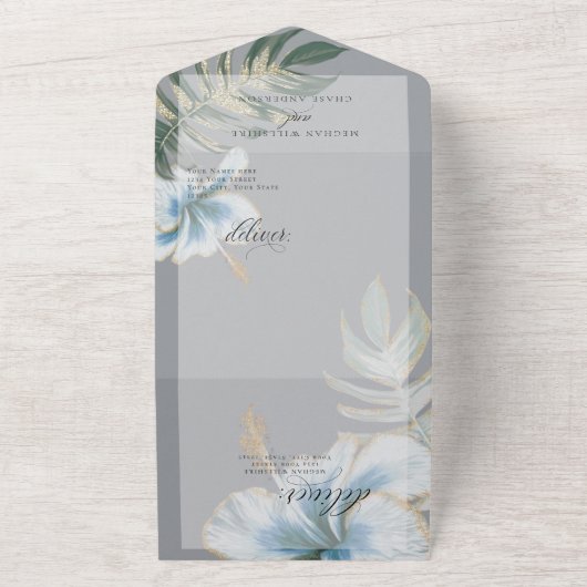 Tropisch bijtend mosterdblauw huwelijk all in one uitnodiging (Buitenkant)