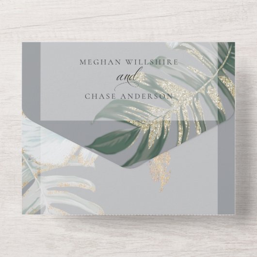 Tropisch bijtend mosterdblauw huwelijk all in one uitnodiging (Achterkant)