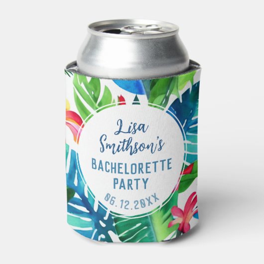 Tropisch blad aquarel op maat vrijgezellenfeestje blikjeskoeler (Blikje Voorkant)