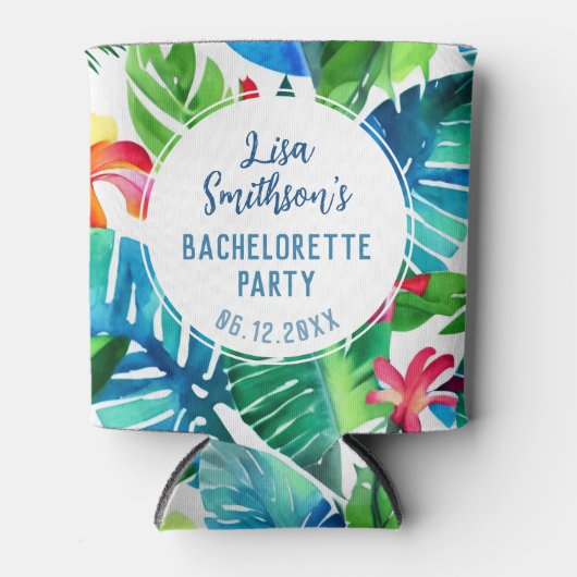 Tropisch blad aquarel op maat vrijgezellenfeestje blikjeskoeler (Voorkant)