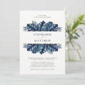 Tropisch blad Botanisch Goud Marine Blauw Huwelijk Kaart (Staand voorkant)