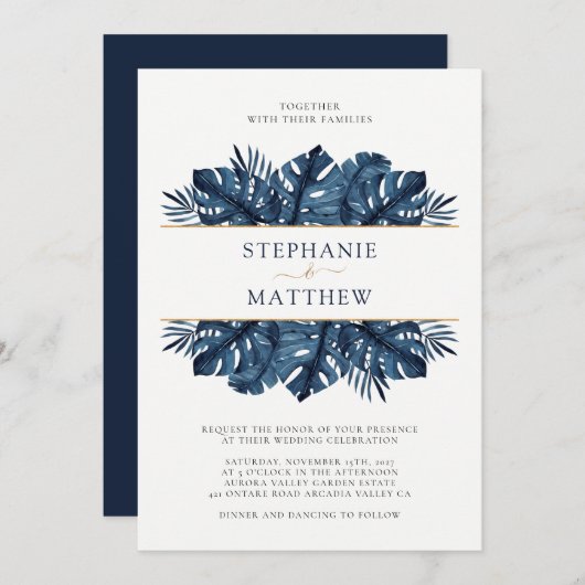 Tropisch blad Botanisch Goud Marine Blauw Huwelijk Kaart (Voorkant / Achterkant)