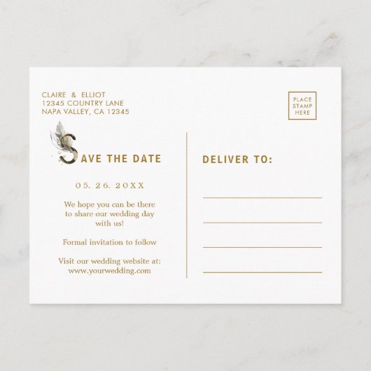 Tropisch blad Bruiloft Save the Date Goud Aankondigingskaart (Achterkant)