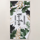 Tropisch blad en gouden familievakantie elegant strandlaken (Voorkant)