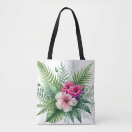 Tropisch blad en hibiscusbloemen tote bag