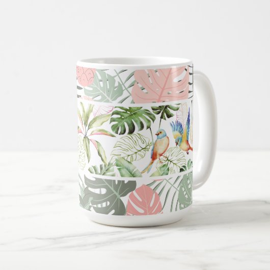 Tropisch blad- en vogelpatroon koffiemok (Voorkant rechts)