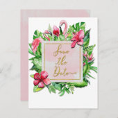 Tropisch blad flamingo's zomer save the date aankondigingskaart (Voorkant / Achterkant)