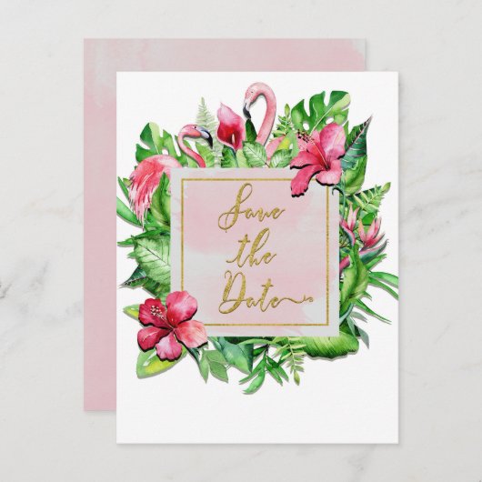 Tropisch blad flamingo's zomer save the date aankondigingskaart (Voorkant / Achterkant)