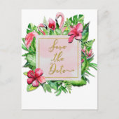Tropisch blad flamingo's zomer save the date aankondigingskaart (Voorkant)