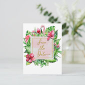 Tropisch blad flamingo's zomer save the date aankondigingskaart (Staand voorkant)