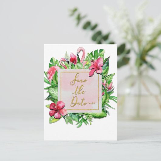 Tropisch blad flamingo's zomer save the date aankondigingskaart (Staand voorkant)