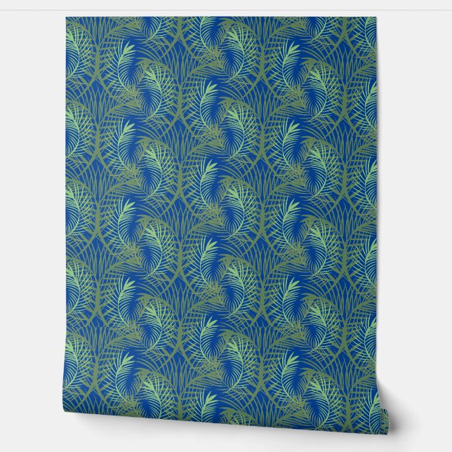 Tropisch blad groen blauw herhalen behang (Afrollen)