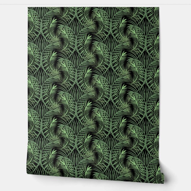 Tropisch blad groen zwart herhalen behang (Afrollen)