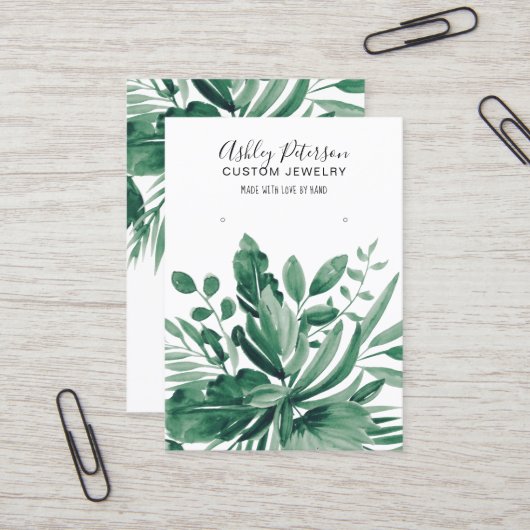 Tropisch blad groene sieraden oorbel display visitekaartje (Voorkant / Achterkant in situ)