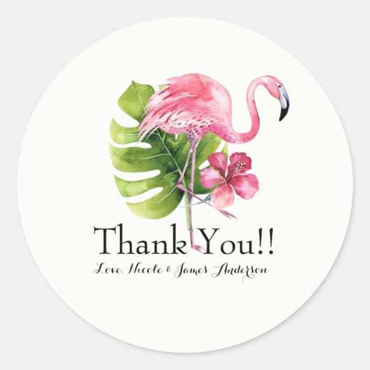 Tropisch blad Hibiscus Flamingo bruiloft gunst Ronde Sticker (Voorkant)