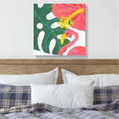 Tropisch blad, hibiscusbloem & flamingo canvas afdruk (Insitu (Slaapkamer))