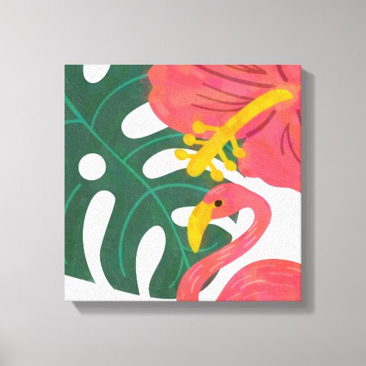 Tropisch blad, hibiscusbloem & flamingo canvas afdruk (Voorkant)